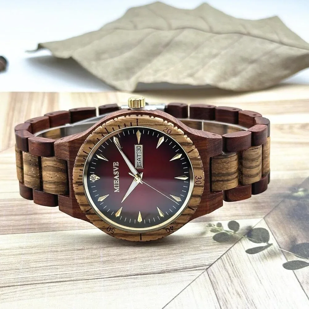 Men's Red Wooden Quartz Japanese Movement Calendar Display 42 Mm Watches